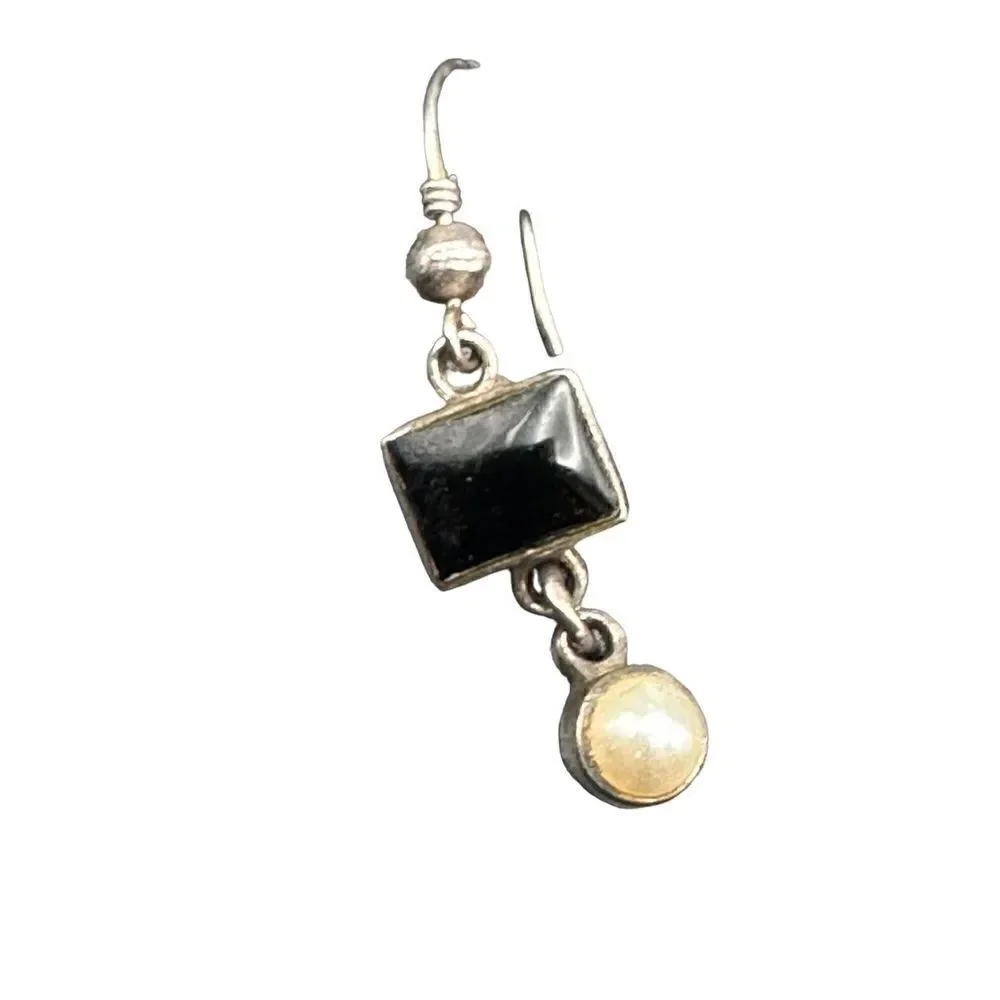 Sterling Silver Dangle Earrings Square Black Onyx with dangle faux pearl cabocho